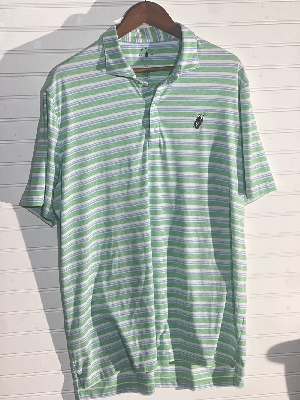 johnnie-O Light Green/Blue/White Stripe Top Shelf Polo Woodpecker Emblem Size XL